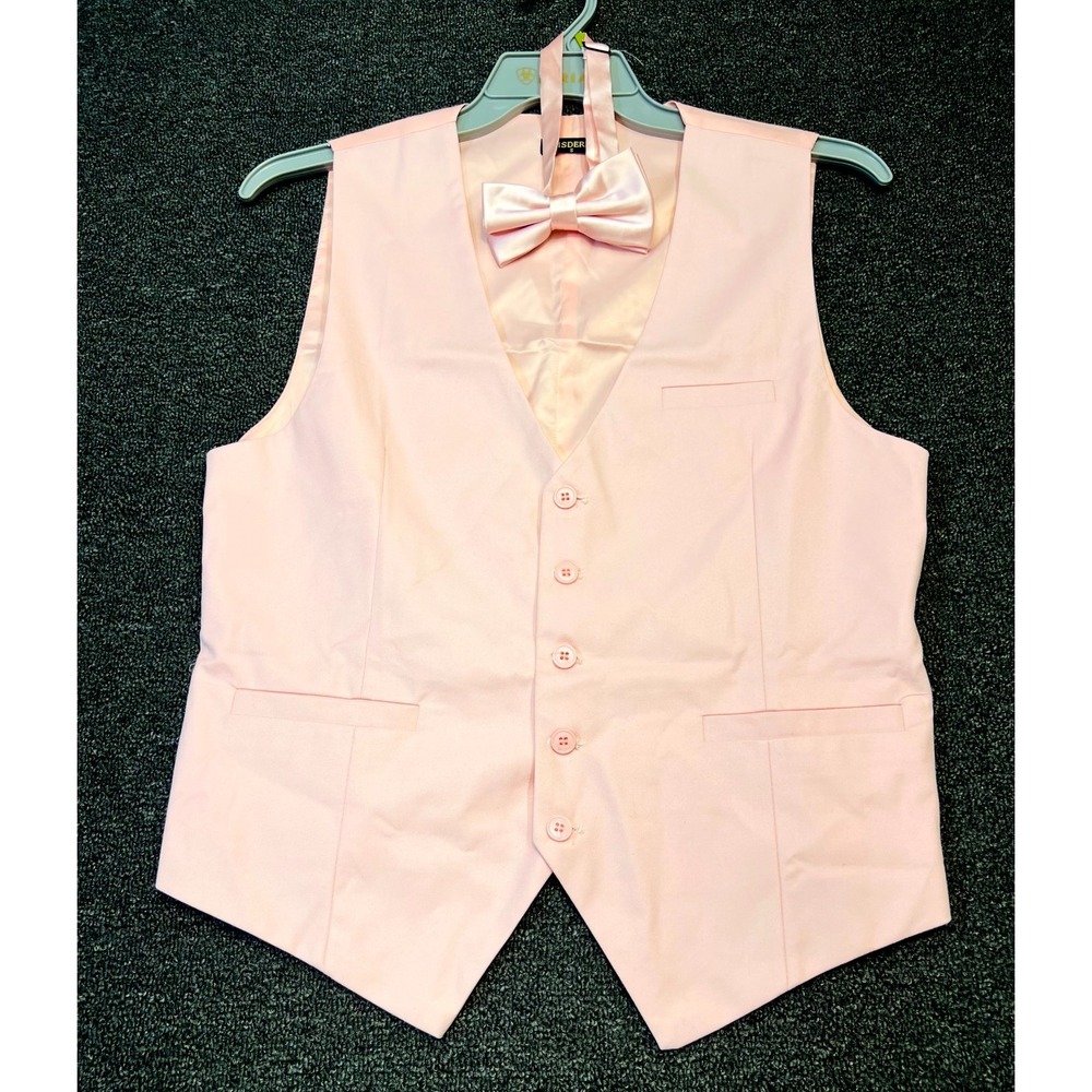 Hisdern Tuxedo Vest Mens Small Pink Pointed Hem Bowtie Formal Wedding Waistcoat